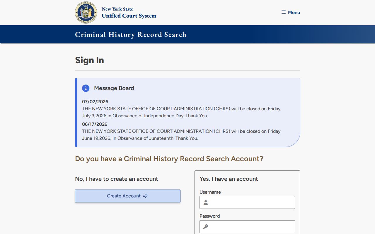 Madison County criminal history search through New York OCA CHRS