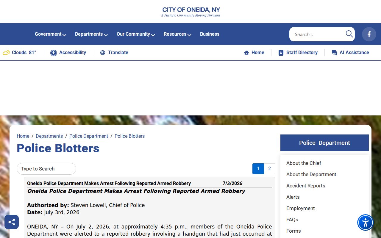 Official Oneida criminal records police blotter interface